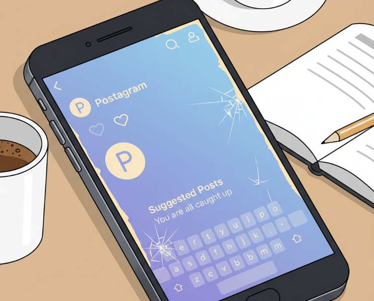 Ini adalah gambar sebuah smartphone hitam dengan layar yang menunjukkan efek burn-in. Layar menampilkan antarmuka aplikasi media sosial bernama "Postagram" dengan ikon-ikon yang samar-samar terlihat dan keyboard virtual. Terdapat pula retakan kecil pada layar di beberapa titik. Di latar belakang, terlihat secangkir kopi, secangkir minuman lain, dan sebuah buku catatan terbuka dengan pensil.