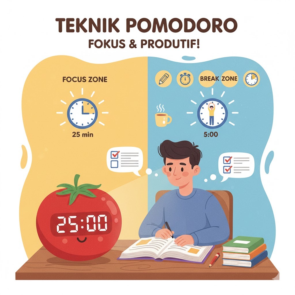 "Ilustrasi Teknik Pomodoro dengan timer tomat 25 menit fokus dan 5 menit istirahat, digambarkan dengan seorang pelajar yang sedang belajar."