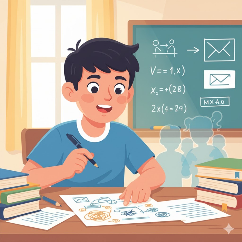 Seorang anak laki-laki sedang belajar di meja, di hadapannya ada tumpukan buku dan kertas dengan coretan ide. Di belakangnya ada papan tulis dengan rumus dan siluet anak-anak, mengilustrasikan ia sedang mencoba menjelaskan materi.