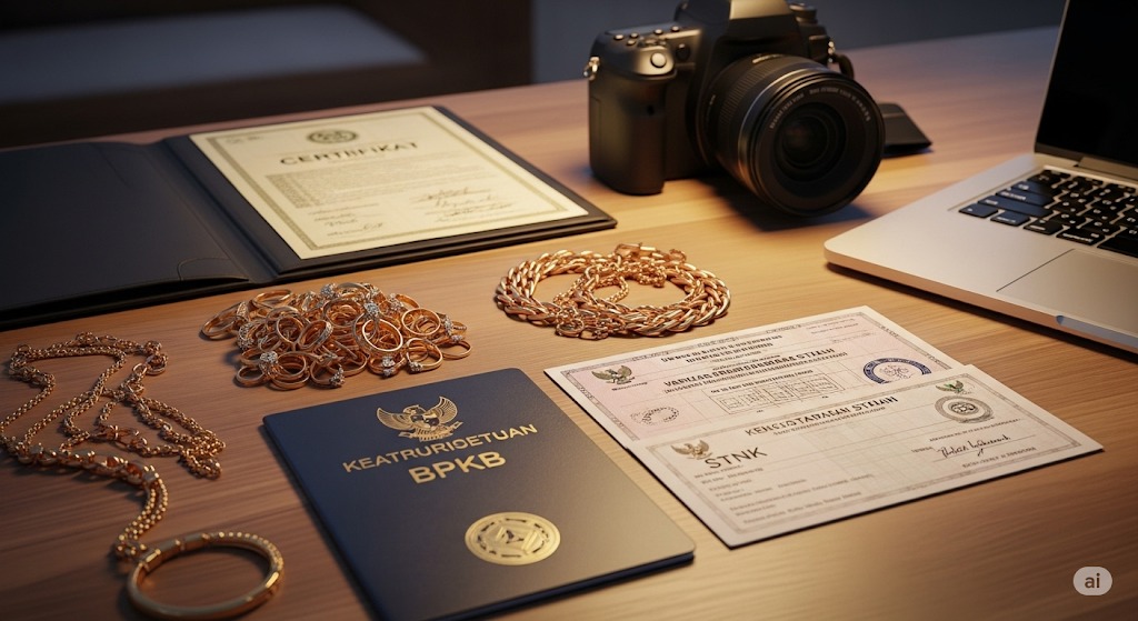 "Ilustrasi realistis sebuah meja kayu dengan pencahayaan hangat, menampilkan barang-barang jaminan gadai: tumpukan perhiasan emas, dokumen kendaraan BPKB dan STNK, sertifikat dalam map terbuka, kamera DSLR hitam, dan sebuah laptop."