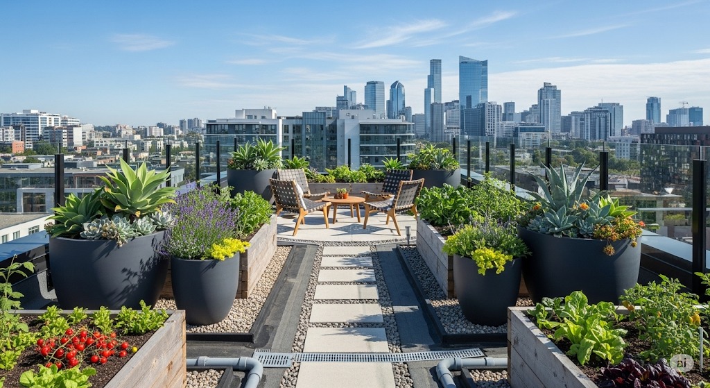 "Taman atap modern dengan pot tanaman dan area duduk yang menghadap ke pemandangan gedung-gedung perkotaan di bawah langit biru yang cerah."