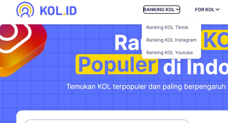 Menu dropdown 'Ranking KOL' di website KOL.ID yang menampilkan pilihan platform Tiktok, Instagram, dan Youtube.