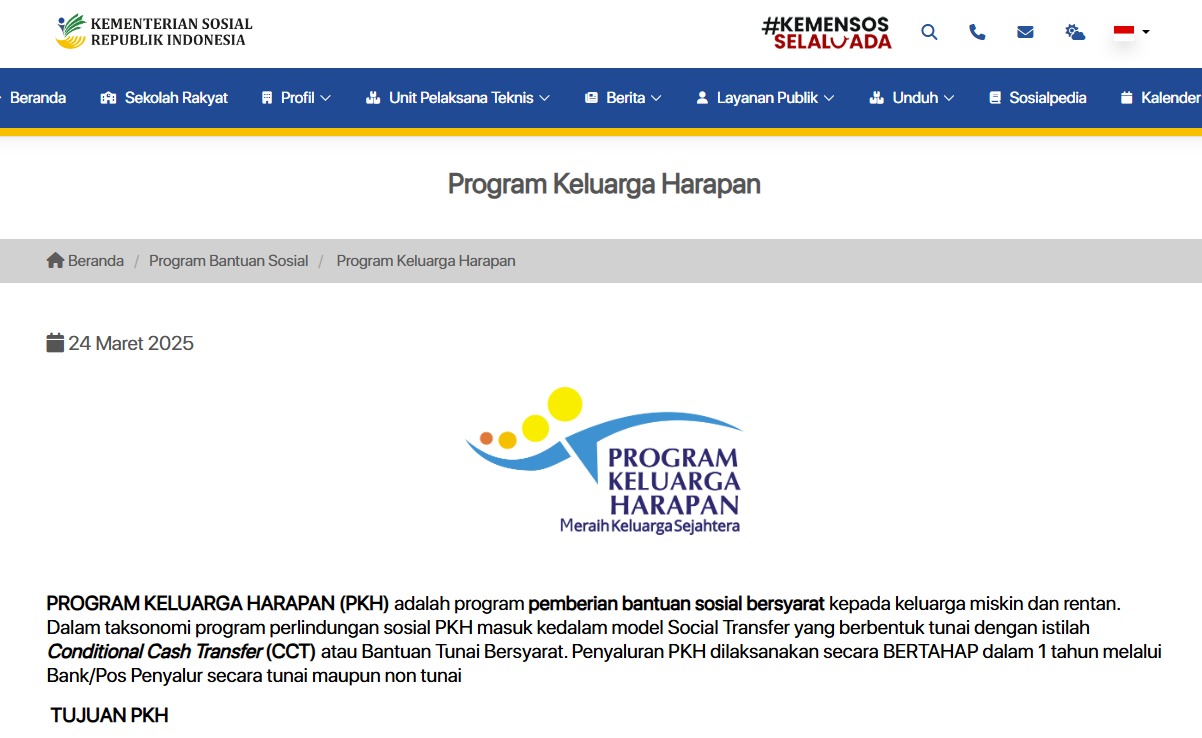 Halaman resmi Program Keluarga Harapan (PKH) dari Kementerian Sosial RI, sebuah program bantuan sosial bersyarat untuk keluarga miskin dan rentan.