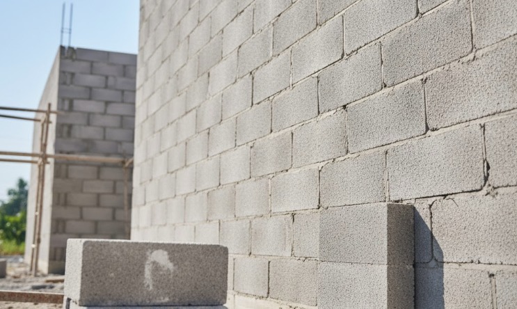 Alat ukur konstruksi, seperti pita ukur dan waterpass, di dinding batako yang sedang dibangun.