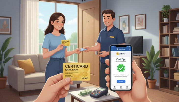 Kurir menyerahkan emas batangan bersertifikat kepada pembeli di rumah, yang sedang memverifikasi keasliannya melalui aplikasi di ponsel.