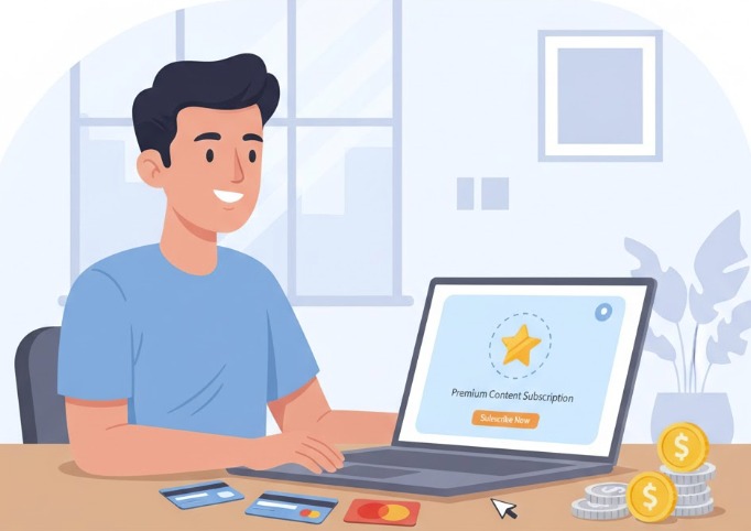 "Ilustrasi seorang pria di depan laptop akan berlangganan konten premium internasional, dengan kartu kredit dan tumpukan koin di atas meja."