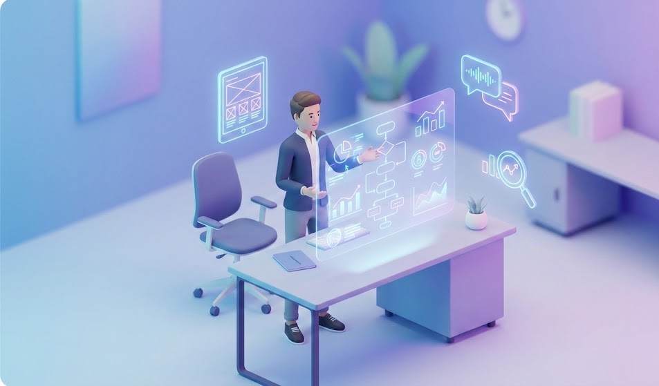 Ilustrasi profesional IT menganalisis data dan diagram strategi bisnis pada layar holografik.