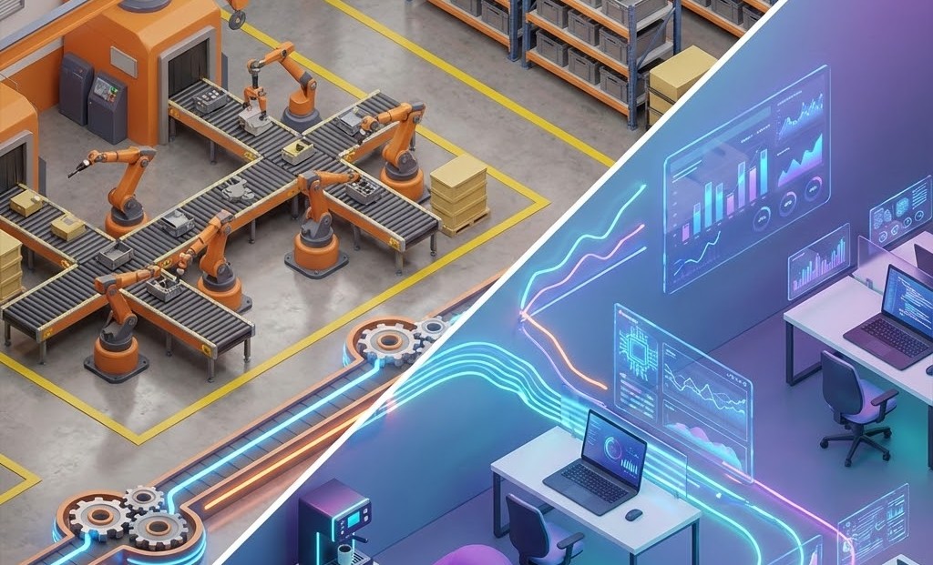 "Ilustrasi 3D isometrik jalur karir Teknik Industri yang membandingkan lingkungan kerja pabrik manufaktur modern dengan kantor startup teknologi.