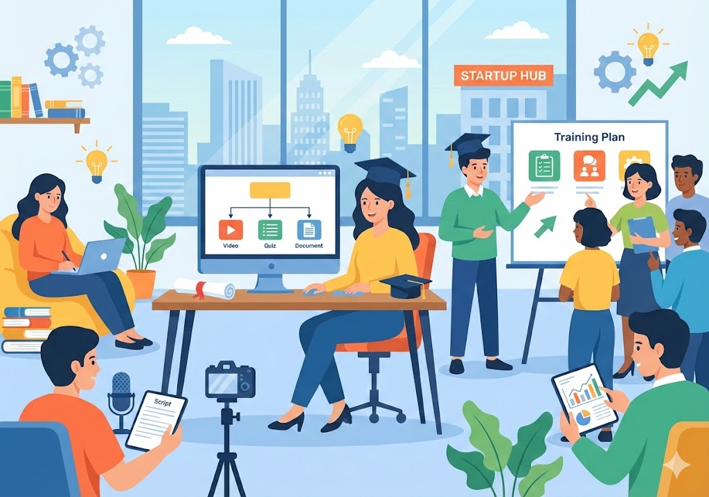 Ilustrasi karir sarjana pendidikan di startup selain jadi guru seperti instructional designer trainer dan pembuat konten