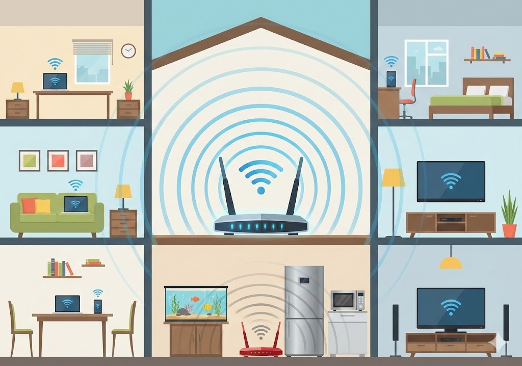 ilustrasi perbandingan posisi router wifi yang benar dan salah untuk sinyal maksimal di rumah