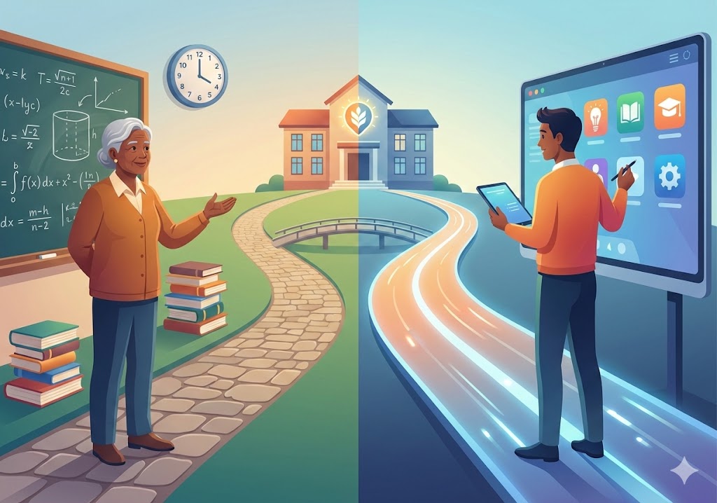 ilustrasi digital perbandingan guru honorer senior dan lulusan ppg prajabatan dalam seleksi pppk guru