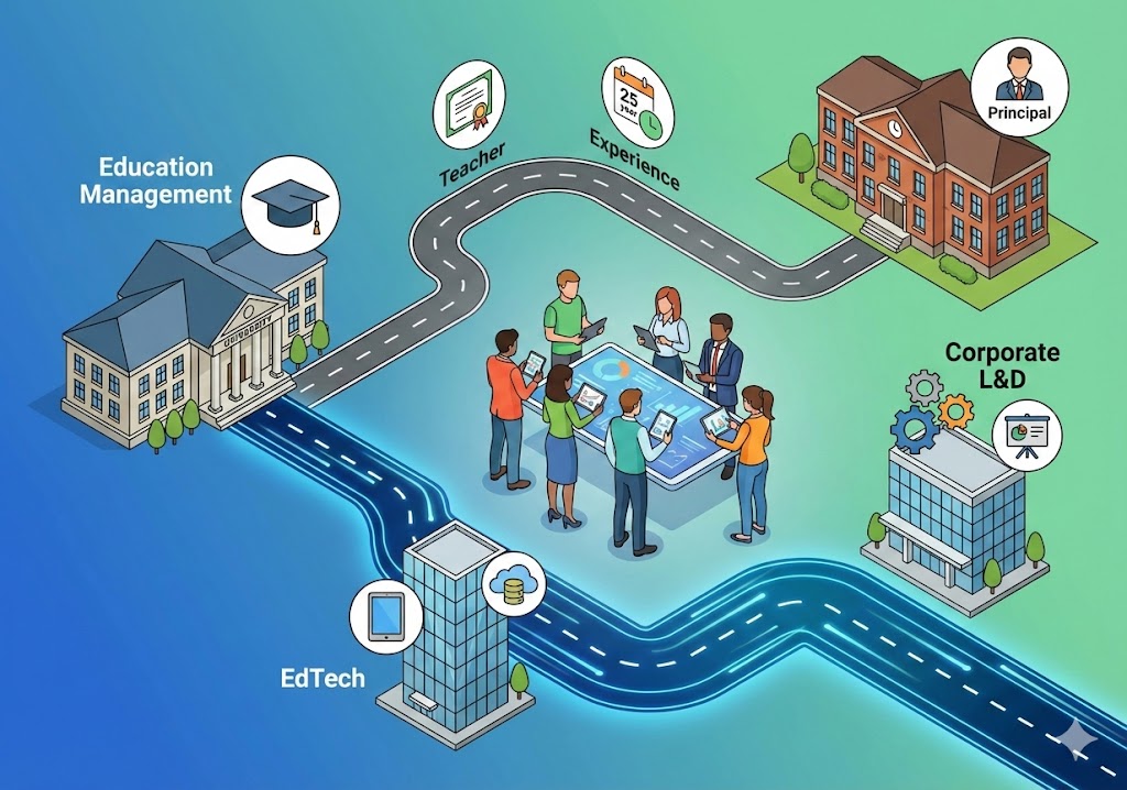 ilustrasi isometrik modern jalur karir lulusan manajemen pendidikan mulai dari edtech corporate learning hingga kepala sekolah