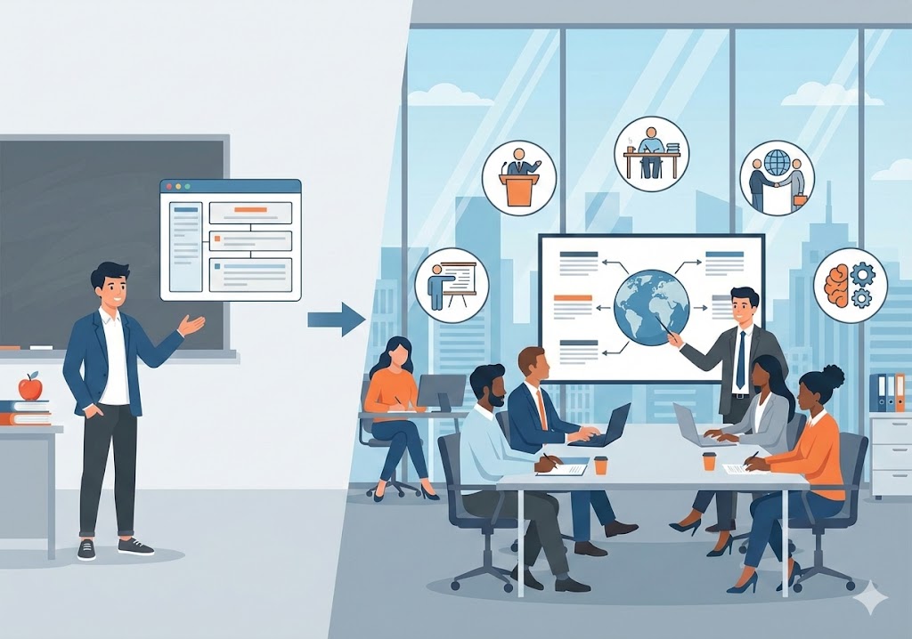 ilustrasi lulusan pendidikan bahasa inggris presentasi di ruang rapat perusahaan multinasional