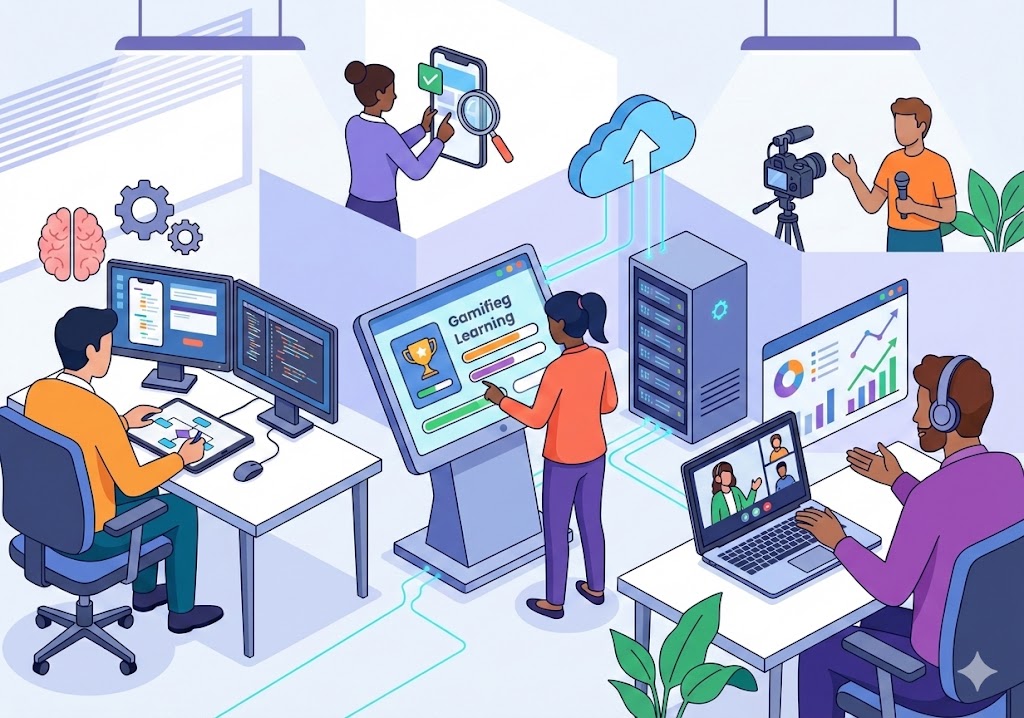 ilustrasi modern kolaborasi tim teknologi pendidikan instructional designer dan e learning specialist di kantor digital