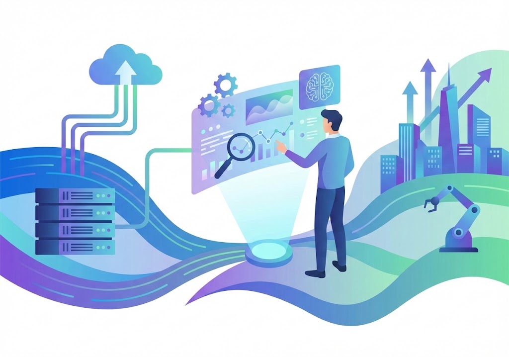ilustrasi modern profesi data scientist menganalisis grafik digital dan teknologi cloud untuk artikel prospek kerja jurusan data science terbaru