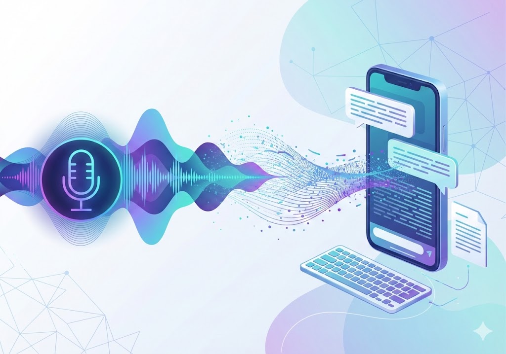 ilustrasi modern proses transkripsi voice note whatsapp menjadi teks pesan di smartphone