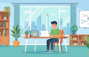 konsep international homeschooling jakarta dengan siswa yang belajar menggunakan laptop di rumah