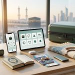 Meja persiapan umrah modern dengan koper paspor al quran dan pemandangan ka'bah