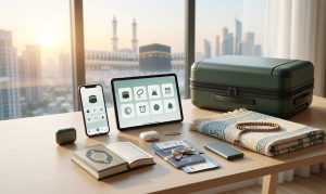 Meja persiapan umrah modern dengan koper paspor al quran dan pemandangan ka'bah