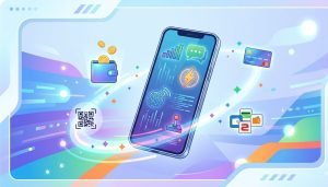 ilustrasi smartphone modern dengan ikon layanan digital isi pulsa paket data dan voucher game