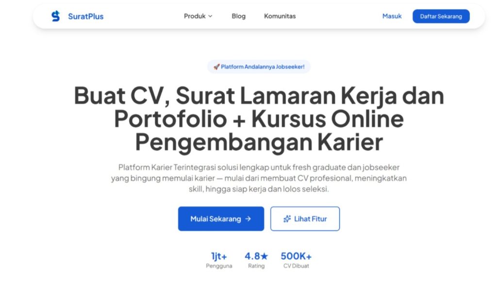 halaman utama website suratplus layanan pembuatan cv surat lamaran, portofolio, dan kursus online pengembangan karier