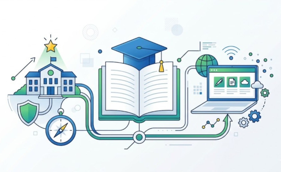 Ilustrasi ekosistem pendidikan modern dengan buku toga di pusat gedung sekolah di kiri dan laptop di kanan saling terhubung