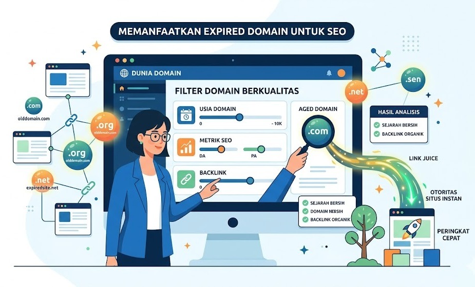 Ilustrasi wanita di dasbor Dunia Domain memfilter expired domain untuk SEO peringkat cepat